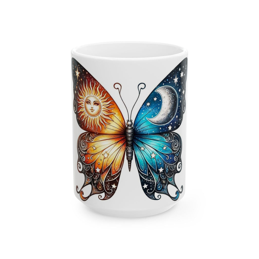 Sun and Moon Butterfly Ceramic Mug | Inspirational Coffee Mug, Unique Gift for Butterfly Lovers, Art Mug for Home Decor, Spiritual Drinkware
