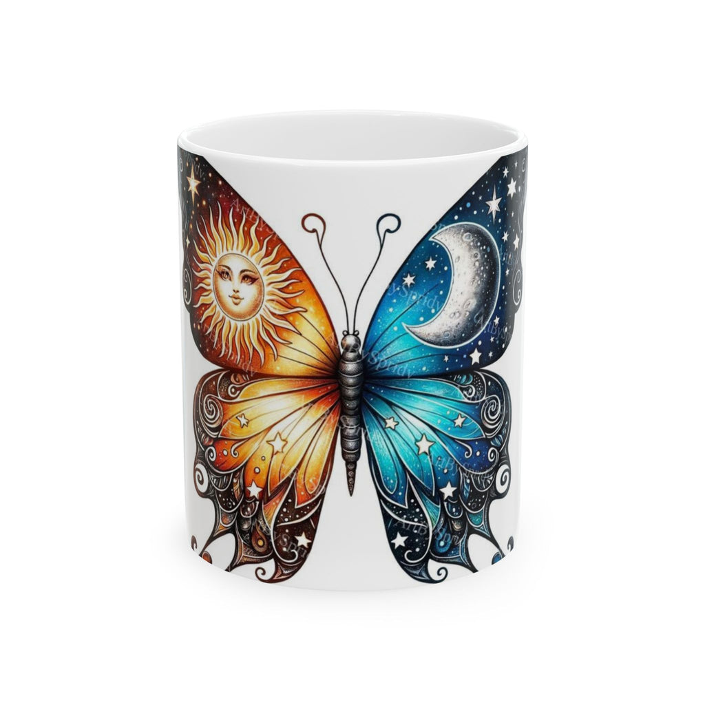 Sun and Moon Butterfly Ceramic Mug | Inspirational Coffee Mug, Unique Gift for Butterfly Lovers, Art Mug for Home Decor, Spiritual Drinkware
