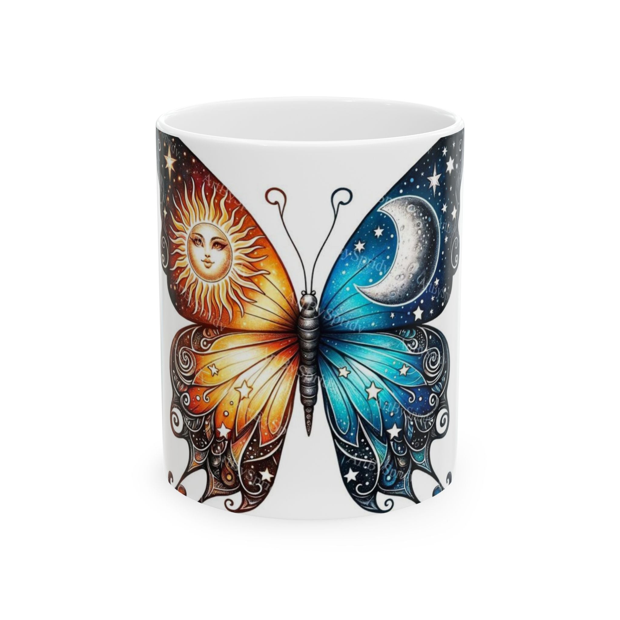 Sun and Moon Butterfly Ceramic Mug | Inspirational Coffee Mug, Unique Gift for Butterfly Lovers, Art Mug for Home Decor, Spiritual Drinkware
